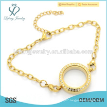 New gold 3mm O Rolo Chain bracelet with floating locket, stainless stee bracelet